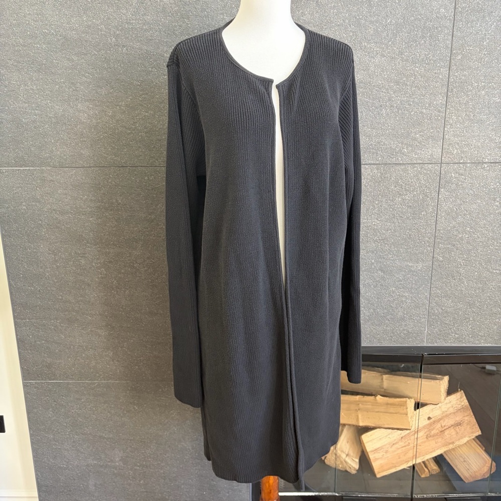 Joan Vass Black Cotton Open Front Long Cardigan